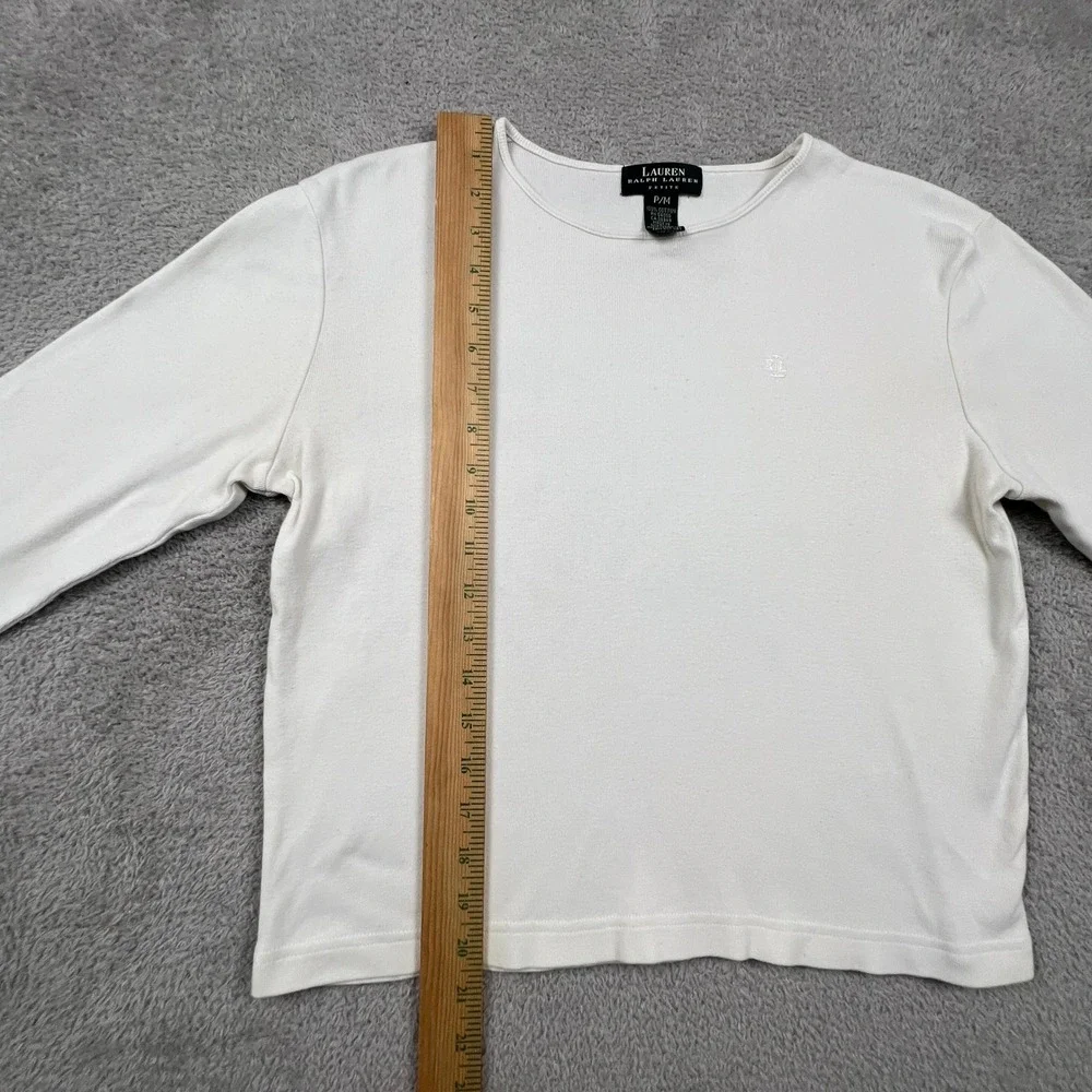 Lauren Ralph Lauren Ribbed Top Women White Long Sleeve Logo Classic Minimalist - Picture 8 of 11